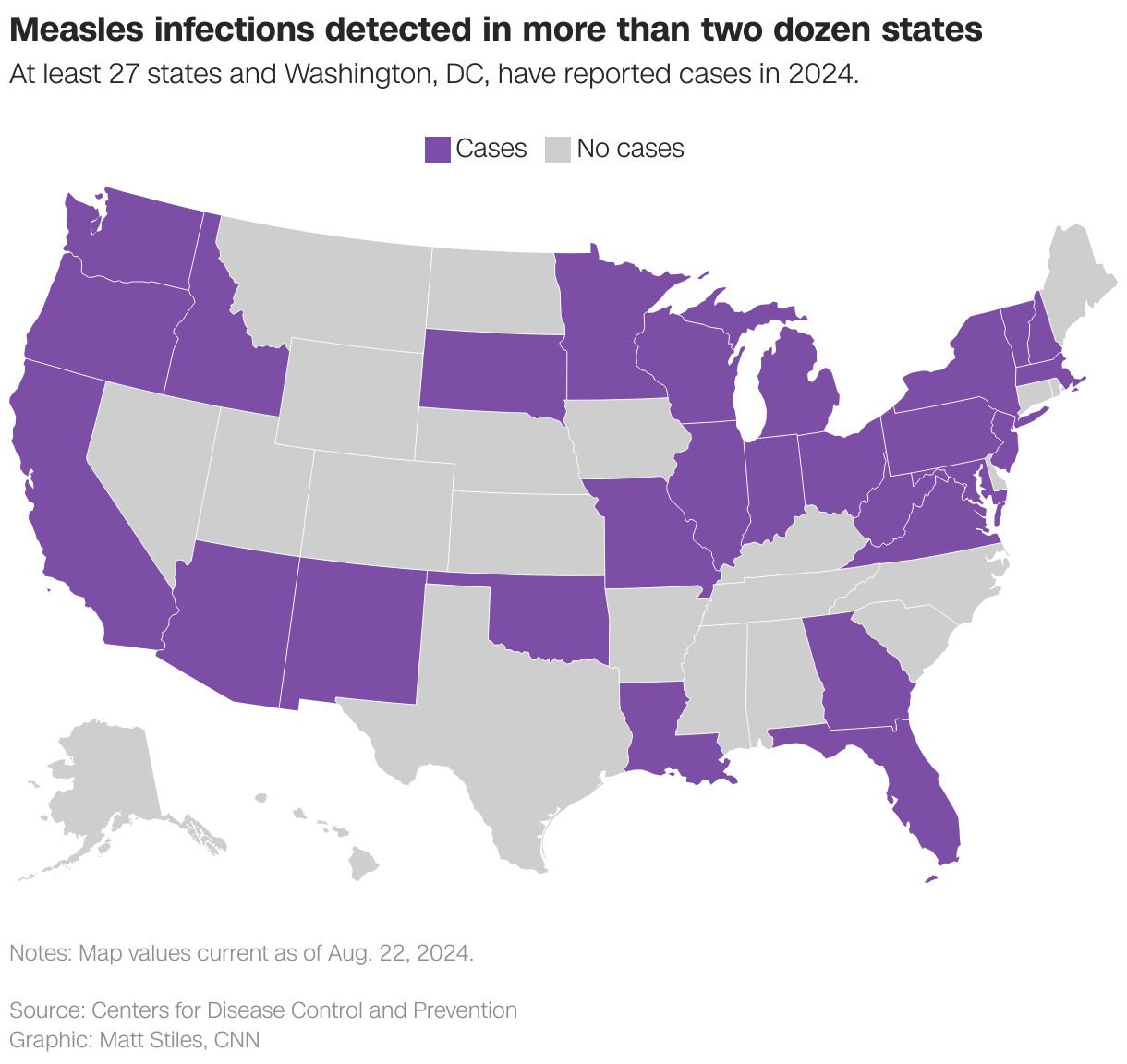 Measles infections detected in more than two dozen states