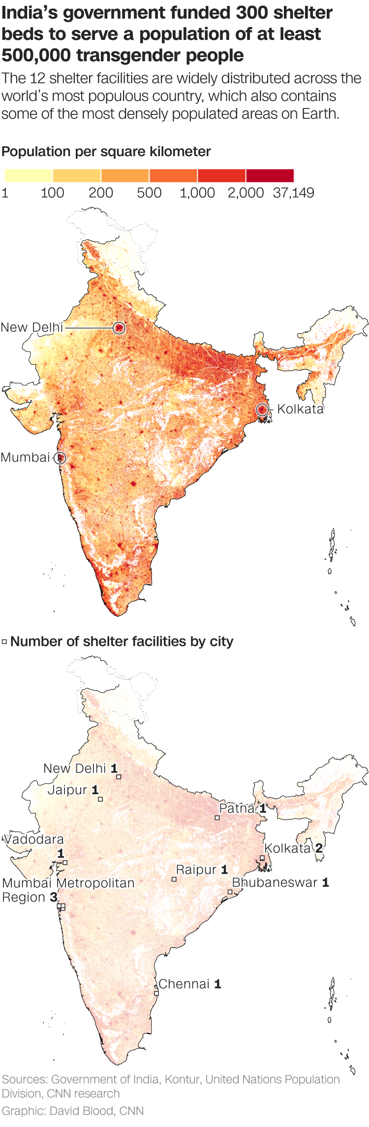 A map showing the population density of India and the locations of the 12 shelter facilities