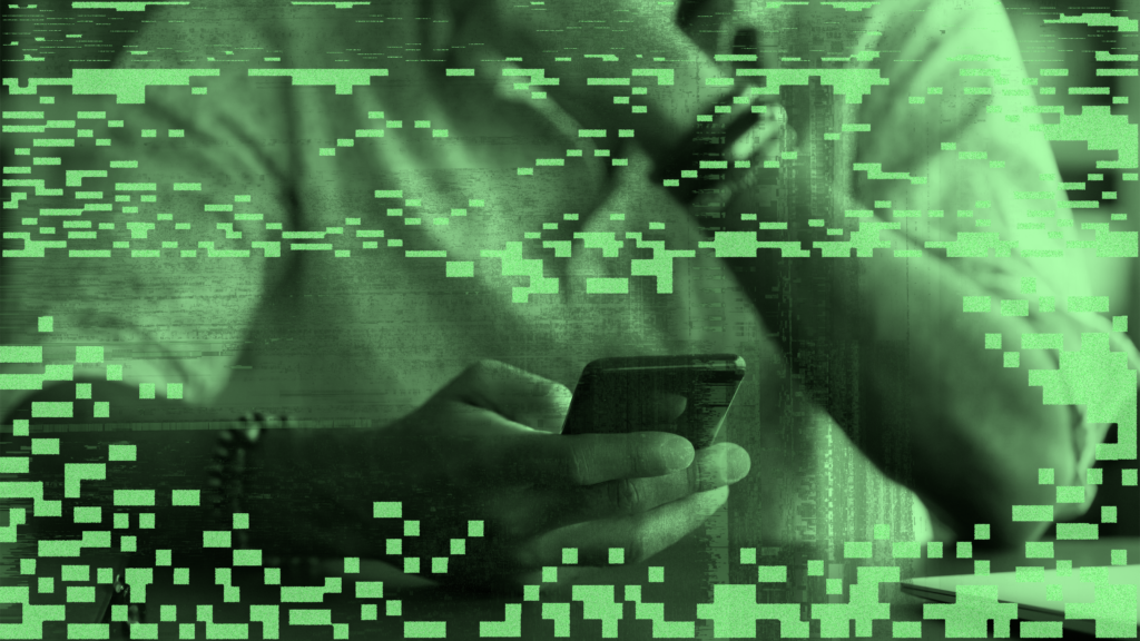 Hero image showing a man holding a smartphone, with a green, glitchy design treatment applied