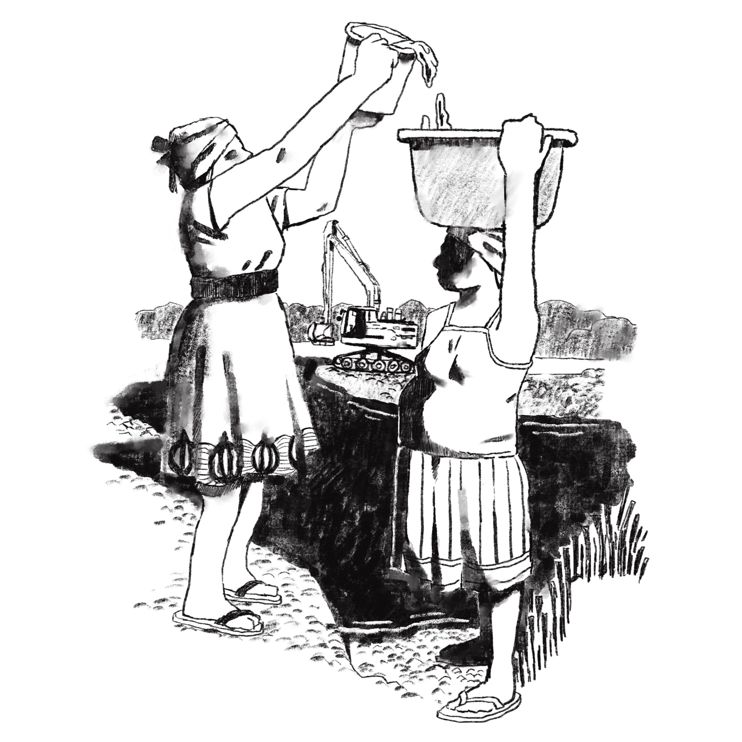 A hand-drawn illustration of Ghanaian women collecting water from a river