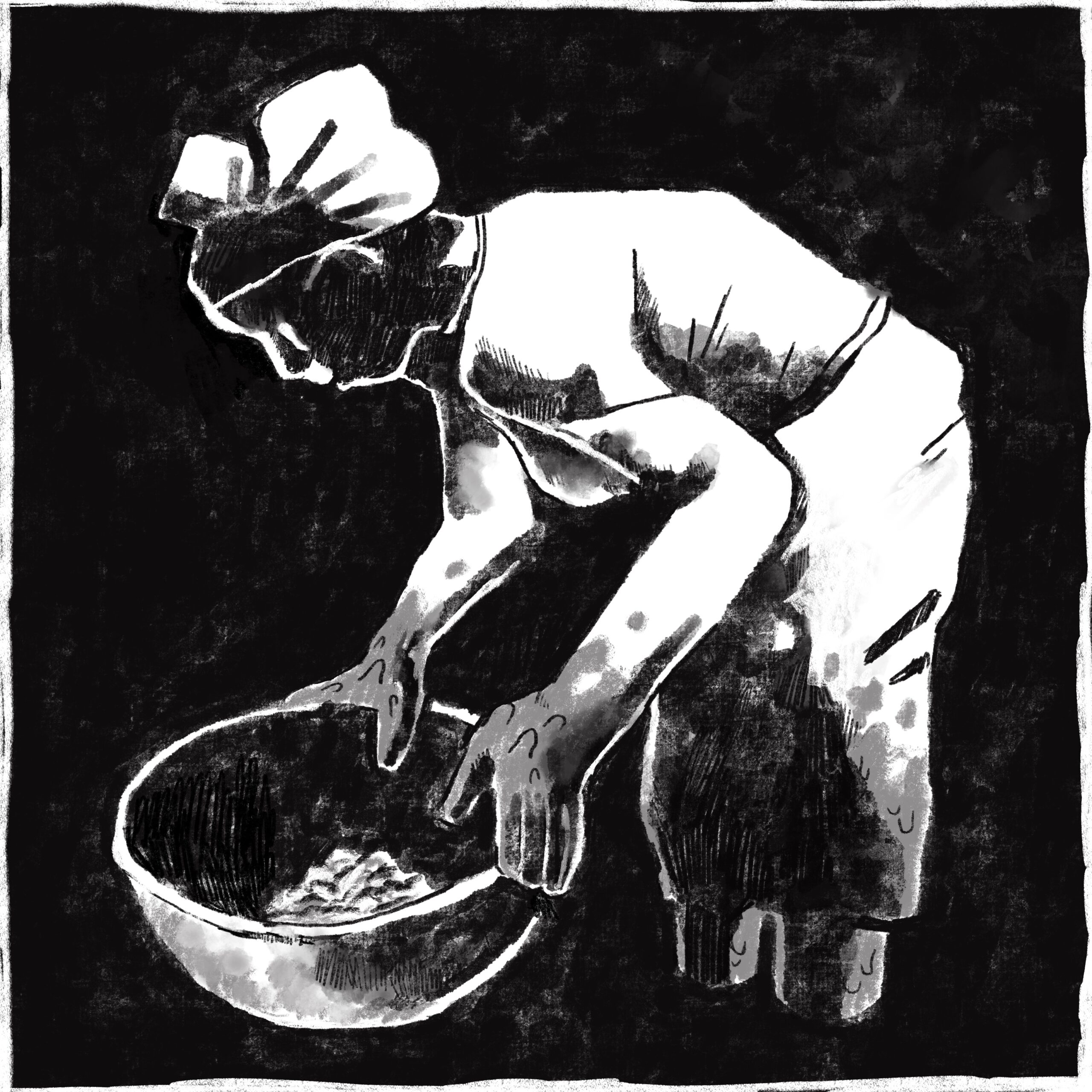 A hand-drawn illustration of a Ghanaian woman panning for gold